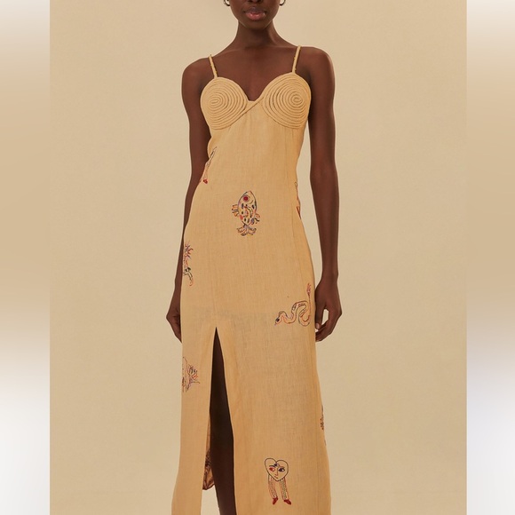 FARM Rio x Anthropologie Tan Embroidered Linen Blend Midi Dress NEW small - Picture 2 of 15